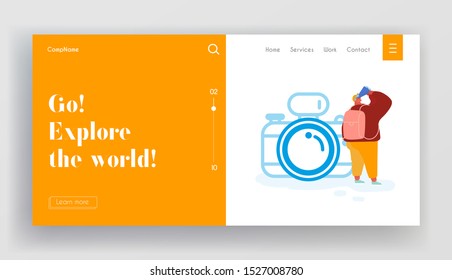 Landing Page with Man Character on Adventure Tourism with Photo Camera, Travel Abroad, Summer Vacation Trip. Explore the World Website, Concept Web Page. Flat Cartoon Vector Illustration