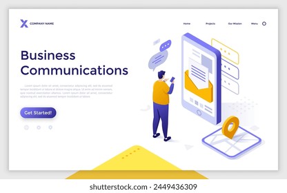 Landing page with man checking email letters on smartphone. Digital devices. Communications concept isometric vector illustration. Guy texting in chat and seeking location online 3d composition