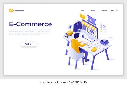 Landing page with man or customer sitting at computer and buying goods at internet store. E-commerce, online shopping, digital retail. Modern isometric vector illustration for advertisement, promo.