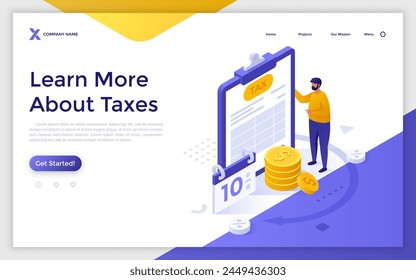 Landing page with man employee holding clipboard with tax form. Businessman filling taxation report. Taxes concept isometric vector illustration. Regular payment making 3d composition