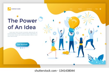 Landing page with man holding giant light bulb, group of rejoicing people and fireworks. Concept of power of innovative business idea or insight. Flat vector illustration for website, web banner.