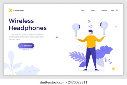 Landing page with man holding in-ear headphones. Concept of wireless earphones or acoustic device for sound or music listening. Modern flat colorful vector illustration for poster, banner.