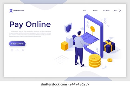 Landing page with man inputting credit card into smartphone screen. Digital technology of finances. Pay online concept isometric vector illustration. E banking service customer 3d composition