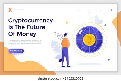 Landing page with Man looking at Bitcoin on globe. Future of digital money or assets, global cryptocurrency system, world crypto currency or blockchain economy. Modern flat vector illustration