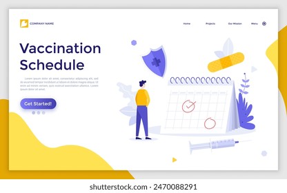 Landing page with man looking at calendar, syringe. Concept of vaccination or immunization schedule, planning timing and doses of vaccines against viral infection. Modern flat vector illustration for 