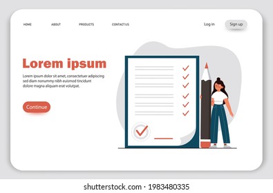 Landing page, Man make a deal agreement, checking and signing loan contract. Woman with pen put signature