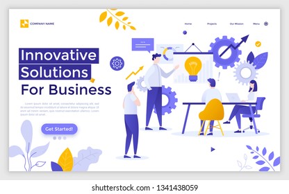 Landing page with man making presentation in front of colleagues sitting at table. Concept of finding business solution during group discussion or corporate meeting. Modern flat vector illustration.