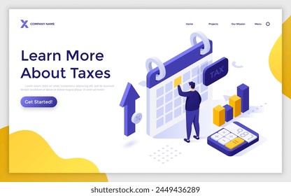 Landing page with man marking payment day in calendar. Businessman scheduling taxation date. Tax concept isometric vector illustration. Business accountant controlling finances 3d composition