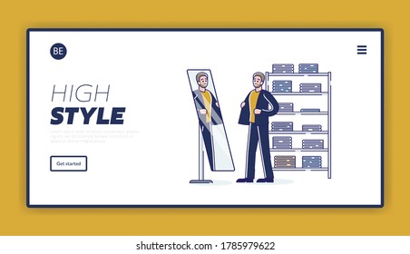 Landing page with man on shopping trying suit looking in mirror in dressing room of fashionable boutique. Stylish male character buying new outfit in mall. Linear vector illustration