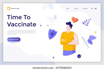 Landing page with man with patch on arm, syringe, shield. Concept of agitation for vaccination or immunization, vaccine against coronavirus infection advertisement. Modern flat vector illustration.