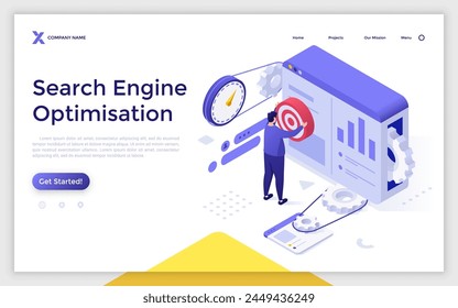 Landing page with man putting aim on website control panel. Setting goal for promo campaign. Search engine optimization concept isometric vector illustration. E marketing specialist 3d composition