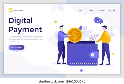 Landing page with Man putting dollar coin into man's wallet. Direct payment, paying by cash, money transfer, personal financial transaction. Modern flat colorful vector illustration