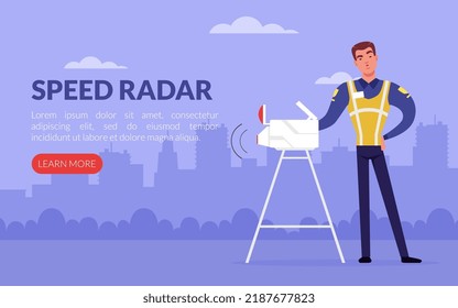 Landing Page with Man Road Police Officer and Speed Radar Vector Template