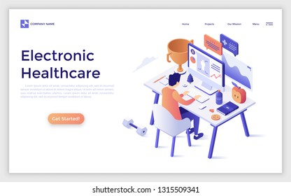 Landing page with man sitting at computer and monitoring his health indicators. Electronic healthcare, online information on active lifestyle, healthy nutrition. Modern isometric vector illustration.