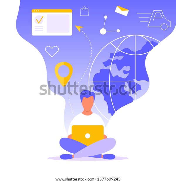 Landing page with man sitting with laptop and\
making order in internet store. Buy online. International retail\
and global shopping. Modern flat vector illustration for\
advertisement, promo,\
website.
