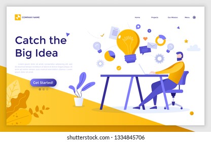 Landing page with man sitting at office desk, working on computer and giant light bulbs. Concept of creative thinking, innovative business idea. Flat vector illustration for website, web banner.