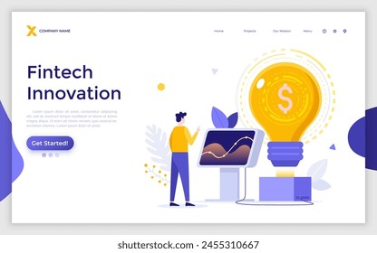 Landing page with Man standing at control panel connected to lightbulb with dollar sign. Fintech innovation, idea generation in finance, creation of financial technology. Flat vector illustration.