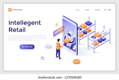 Landing page with man standing in front of giant smartphone and receiving his internet order from robot. Concept of intelligent retail, automatic fulfillment center. Isometric vector illustration.