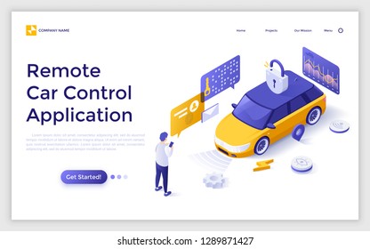 Landing page with man standing in front of electric automobile and unlocking it and place for text. Application for remote car control, modern technology. Isometric vector illustration for website.