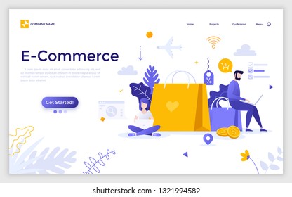 Landing page with man and woman sitting beside giant shopping bags and working on laptops and place for text. E-commerce, internet retail, making online order. Creative flat vector illustration.