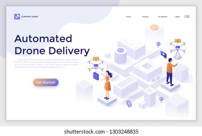 Landing page with man and woman standing on city map and receiving packages delivered by quadcopters. Automated drone delivery, shipment of internet order. Creative isometric vector illustration.