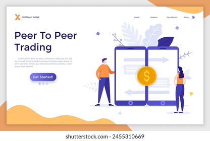 Landing page with Man, woman, two smartphones and golden dollar coin. Peer-to-peer payment, transfer of funds between banking accounts via mobile app. Modern flat vector illustration svg