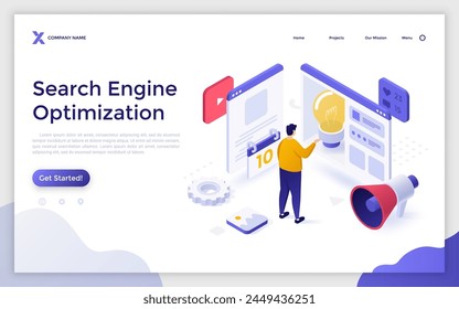 Landing page with man working with web sites content. Digital marketing technology. Search engine optimization concept isometric vector illustration. Content quality maintaining 3d composition