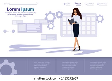 Landing Page for Management or Consulting Serves. 
Business Woman in Glasses with Notebook Searching Solution, 
Analyzing Data. Text Banner Metaphor Template. 
Vector Commercial Editable Illustration