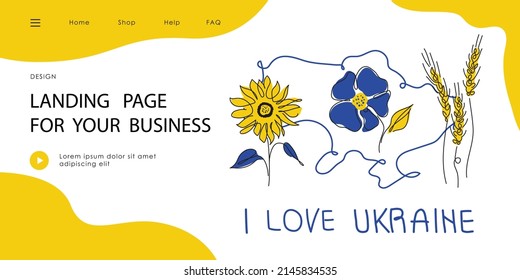 Landing page with map of Ukraine and tradition flower, wheat, poppy, cornflower and sunflower. Vector illustration global politics, NO WAR, aggression problem picture in continuous line art style