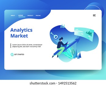 Landing Page Market Analytics vector illustration, the concept of men ascending graphic symbols to the analysis board, can be used for web pages, templates, UI, mobile apps, banners, flyers. EPS 10
