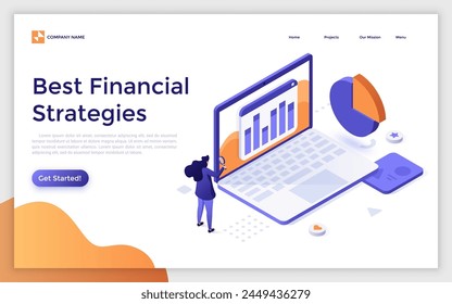 Landing page with marketer learning data analytics on laptop. E marketing concept isometric vector illustration. Maintaining successful strategy of SMM. Digital entrepreneur 3d composition