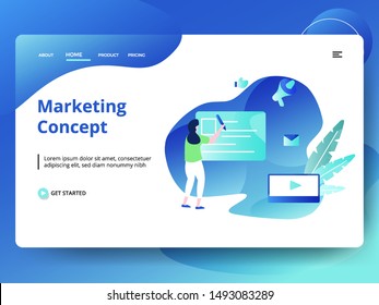 Landing Page Marketing Concept vector illustration, the concept of a woman writing a business concept strategy on the board, can be used for web pages, templates, UI, mobile apps, banners, flyers.