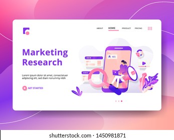 Landing Page Marketing Research vector illustration modern concept, can use for Headers of web pages, templates, UI, web, mobile app, posters, banners, flyers, posters.