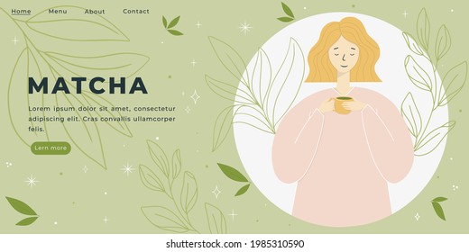 Landing Page For Matcha Lovers. Cute Girl With Matcha Art For Your Website.Coffee Shop Website Template With A Drink.