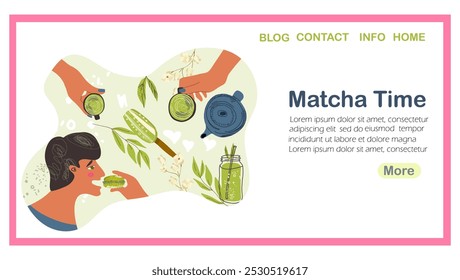 Página inicial Matcha Tempo, chá, café, ilustração vetorial desenhada à mão, web design, site, fundo, vetor, design. Arte desenhada à mão vetorial.
