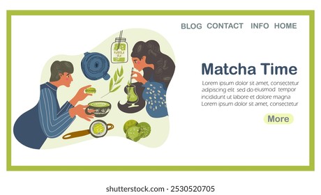 Página inicial Matcha Tempo, chá, café, ilustração vetorial desenhada à mão, web design, site, fundo, vetor, design. Arte desenhada à mão vetorial.
