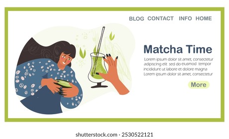 Página inicial Matcha Tempo, chá, café, ilustração vetorial desenhada à mão, web design, site, fundo, vetor, design. Arte desenhada à mão vetorial.
