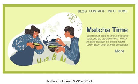 Página inicial Matcha Tempo, chá, café, ilustração vetorial desenhada à mão, web design, site, fundo, vetor, design. Arte desenhada à mão vetorial.
