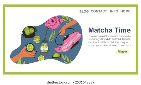 Página inicial Matcha Tempo, chá, café, ilustração vetorial desenhada à mão, web design, site, fundo, vetor, design. Arte desenhada à mão vetorial.
