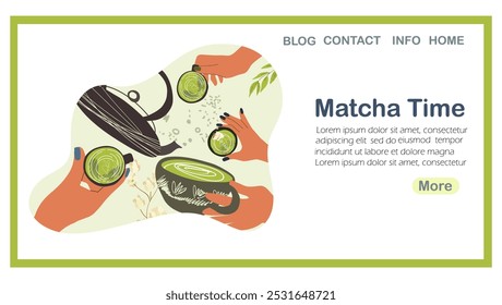 Página inicial Matcha Tempo, chá, café, ilustração vetorial desenhada à mão, web design, site, fundo, vetor, design. Arte desenhada à mão vetorial.
