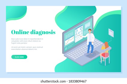 Landing page of medical site for online diagnostics. Woman sits on chair and optometrist shows sign for eye examination. Landolt Rings C, glasses icon, text messages on large cartoon laptop screen