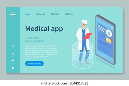 Landing page of medical website. Medical application. Doctor with clipboard near phone with medical app. Income message, results of test. Virtual help, virtual medicine, aid help, web medicine
