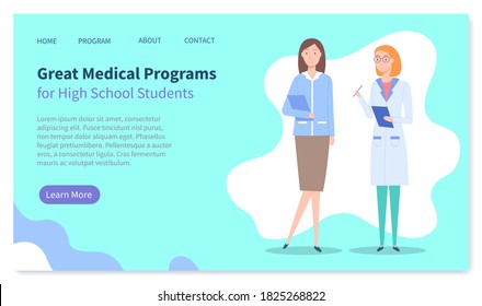 Landing page of medical website. Great medical programs for high school students. Medical education. Two doctors women with clipboards. Educational program for studying. Online education, courses