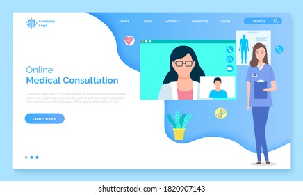 Landing page of medical website. Online medical consultation, support, medical help. Consultation with doctor through videocall. Remotely assistance, medical help. Diagnosis of patient concept