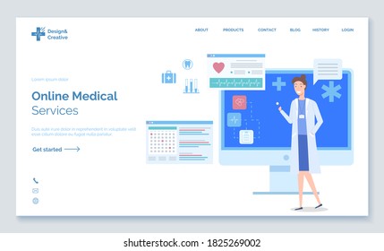 Landing page of medical website, online medical services, online help, medical consultation, support. Doctor, physician, therapist woman smiling, planning dates in calendar, medical web icons