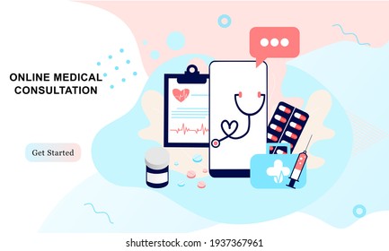 Landing page of medical website. Online medical services, online help, online medical consultation support. Doctor, physician, therapist for medical web icons, UI, mobile application, posters, banners