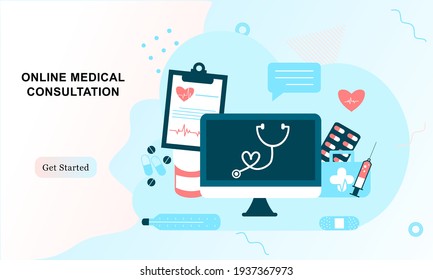 Landing Page Of Medical Website. Online Medical Services, Online Help, Online Medical Consultation Support. Doctor, Physician, Therapist For Medical Web Icons, UI, Mobile Application, Posters, Banners