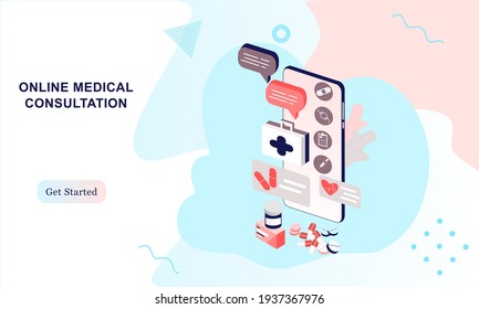 Landing page of medical website. Online medical services, online help, online medical consultation support. Doctor, physician, therapist for medical web icons, UI, mobile application, posters, banners