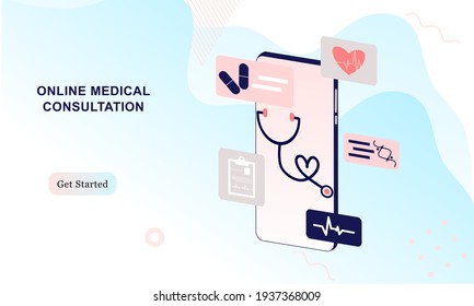 Landing page of medical website. Online medical services, online help, online medical consultation support. Doctor, physician, therapist for medical web icons, UI, mobile application, posters, banners