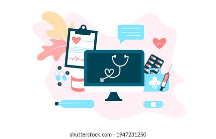 Landing page of medical website. Online medical services, online help, online medical consultation support. Doctor, physician, therapist for medical web icons, UI, mobile application, posters, banners